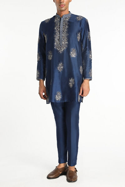 Navy blue floral embroidered kurta set