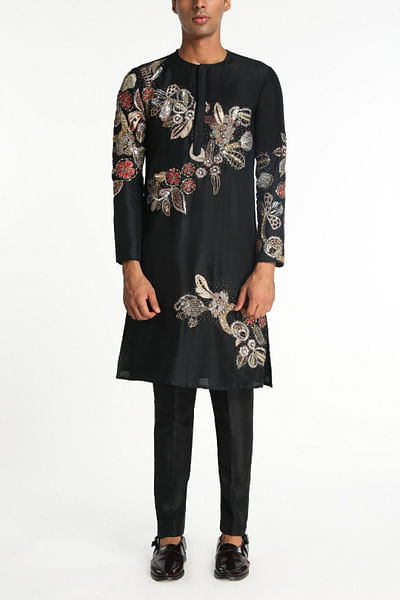 Black floral and leaf appliqued kurta set