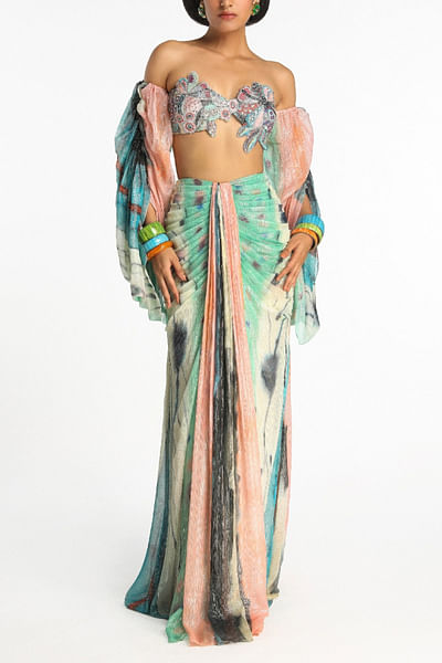Multicolour spotted printed draped skirt set