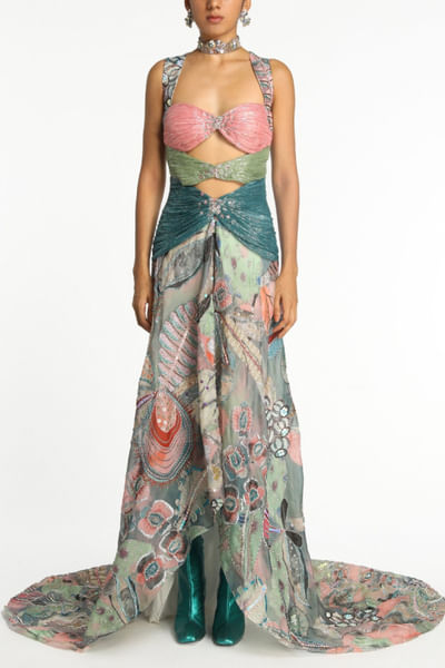 Multicolour printed cutout gown