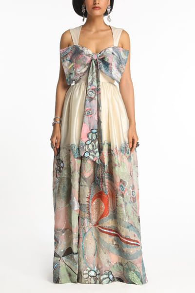 Ivory floral and leaf printed gown