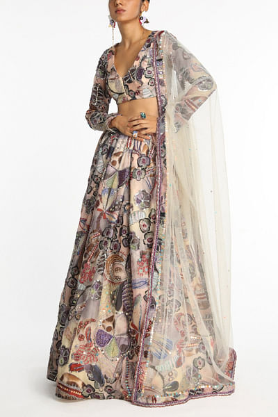 Multicolour floral and leaf printed lehenga set
