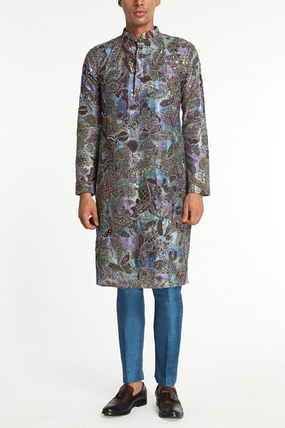 Sapphire blue floral embroidered kurta set