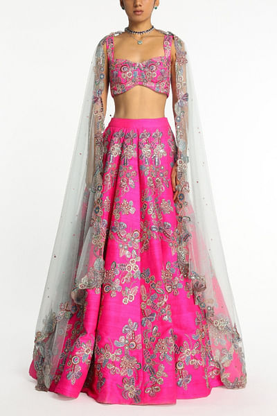 Hot pink floral embroidered lehenga set