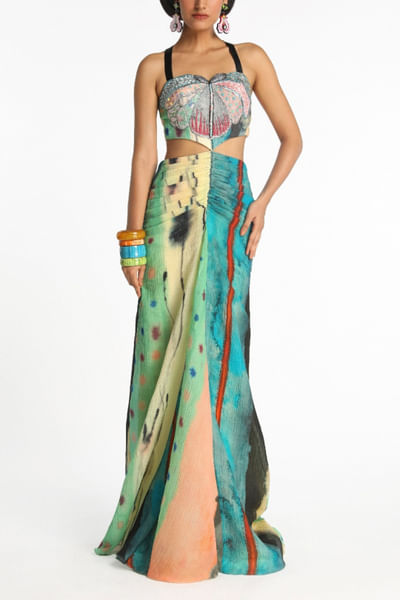 Multicolour aurora and spotted print gown