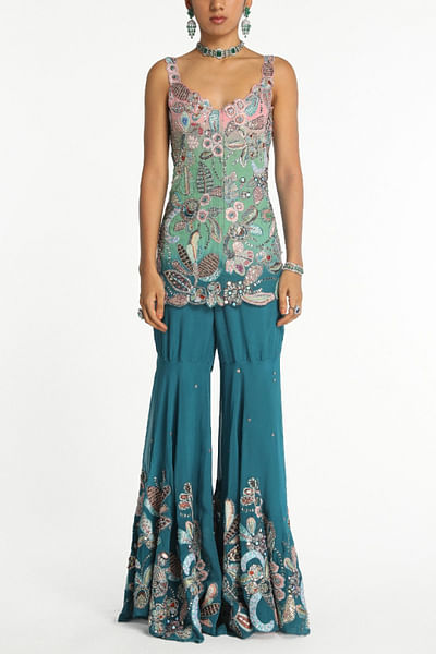Blue ombre shade appliqued sharara set