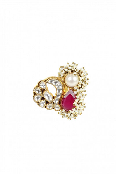 Kundan, ruby and white pearl ring