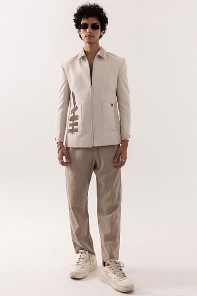 Beige hand- embroidered linen jacket