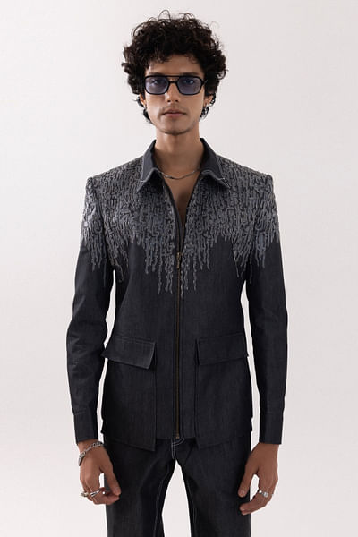 Charcoal grey embellished denim jacket