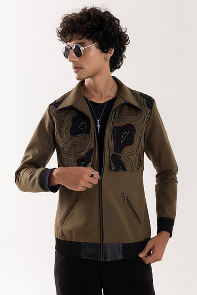 Olive green embellished linen jacket