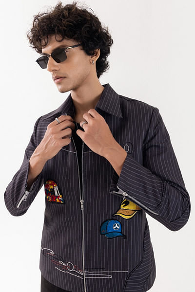 Grey and black patchwork embroidered bomber jacket