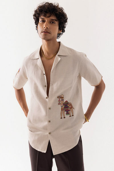 Beige camel embroidered motif linen shirt