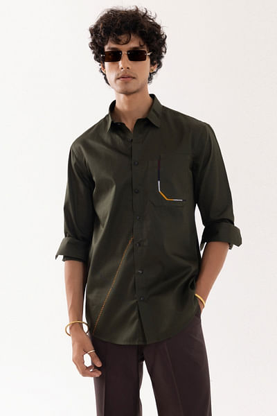 Olive patchwork embroidered cotton shirt