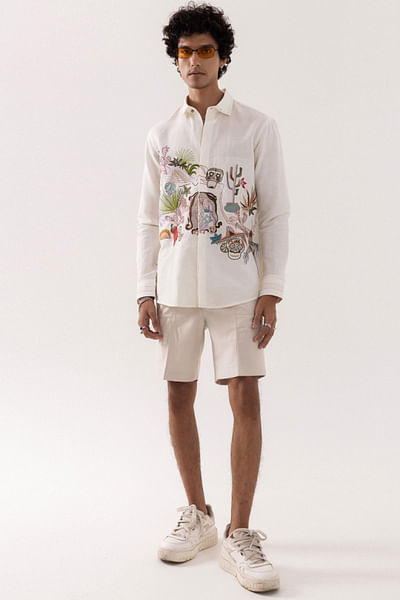 Ivory floral embroidered linen shirt