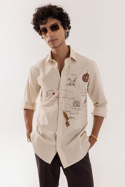 Beige hand embroidered linen shirt