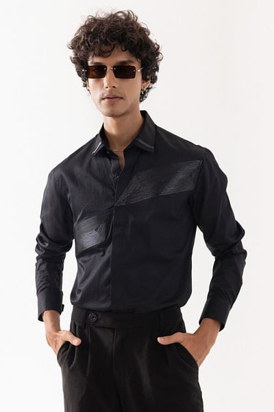Black leather cord cotton shirt