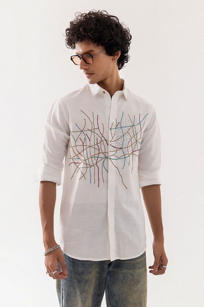 Ivory thread embroidered linen shirt