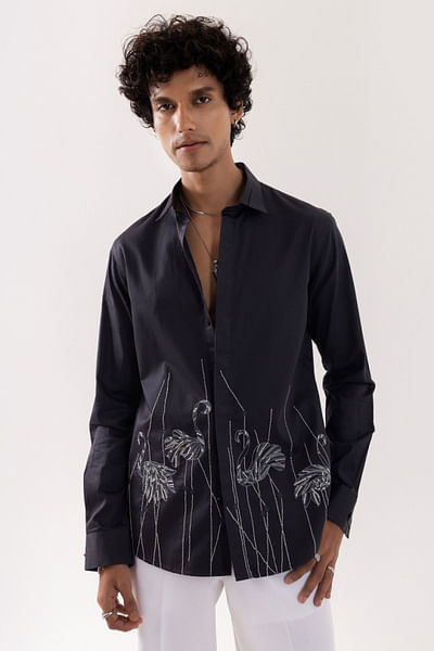 Charcoal grey flamingo embroidered cotton shirt