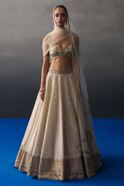 Gold embroidered banarasi silk lehenga set