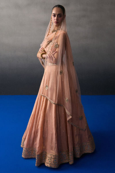 Peach mirror embroidery banarasi lehenga set