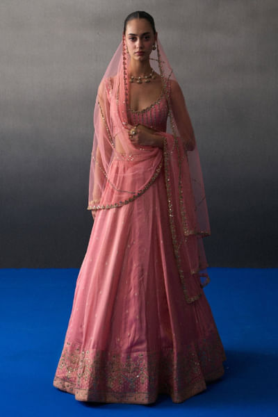 Peach mirror embroidered banarasi lehenga set
