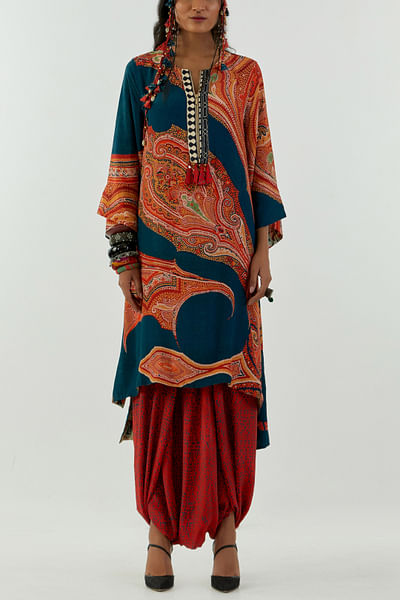 Teal printed kurta and draped trousers