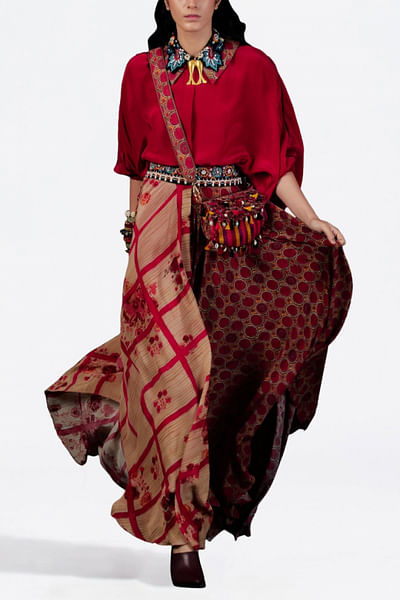 Red shirt and printed trousers