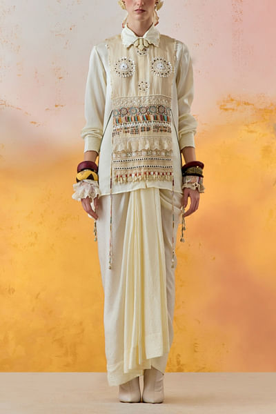 White bead embroidered bib and skirt set