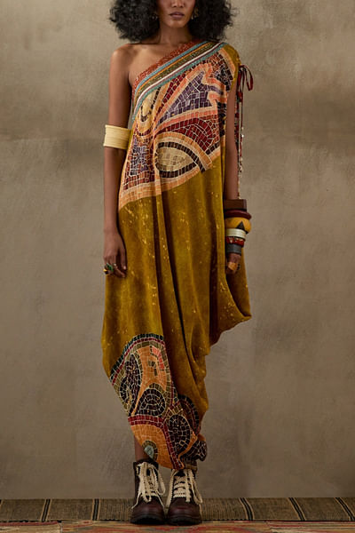 Multicolour mosaic printed one-shoulder dress