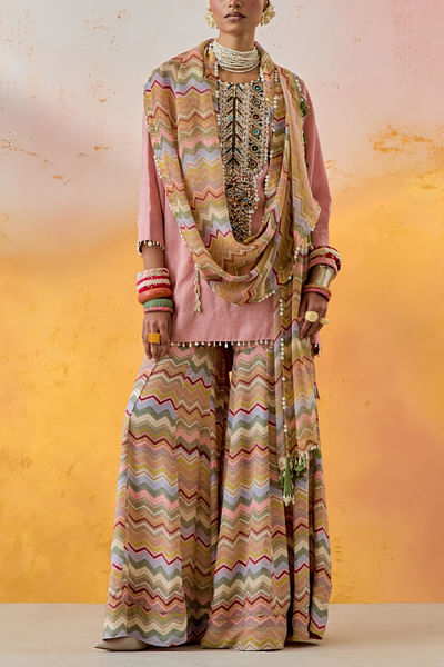 Shell pink embroidered top and sharara set