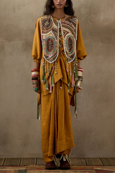 Yellow embroidered gilet and skirt set