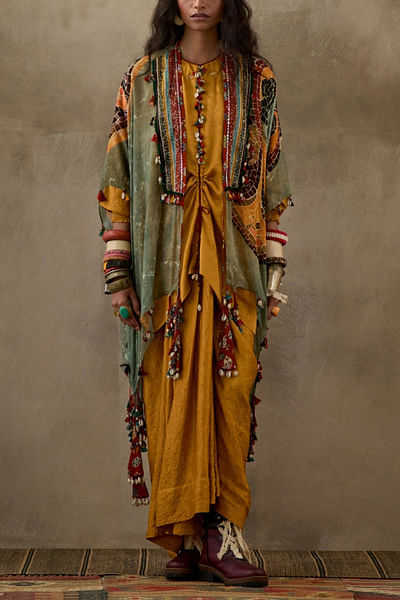 Multicolour embroidered jacket and skirt set