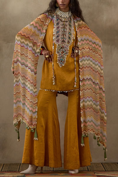 Yellow embroidered top and sharara set