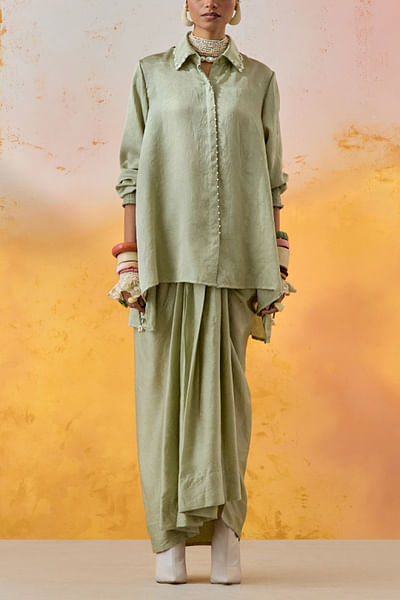 Jade crushed silk skirt set