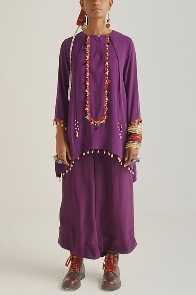 Purple short kurta and draped trousers