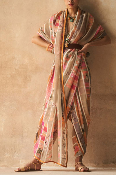 Floral and striped sari