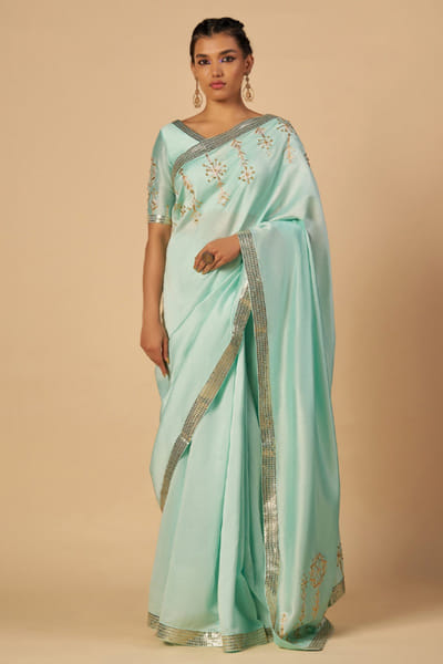 Aqua embroidered chanderi blouse