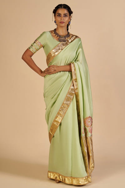 Green and brown embroidered chanderi blouse