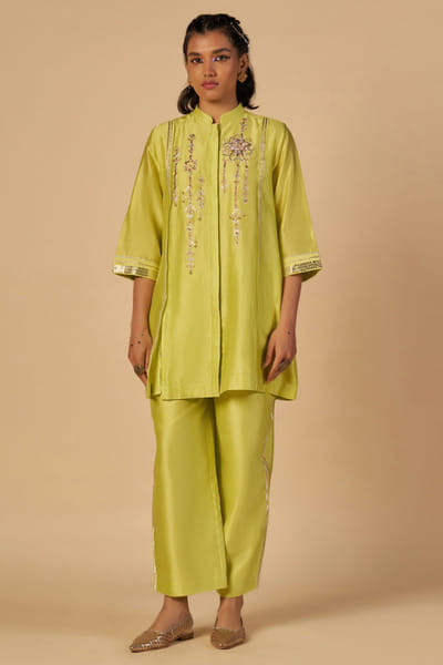 Lime green embroidered chanderi tunic