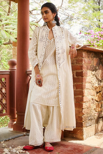 Off-white mirror work jamdani coat set