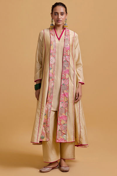 Beige geometric embroidered jacket kurta set