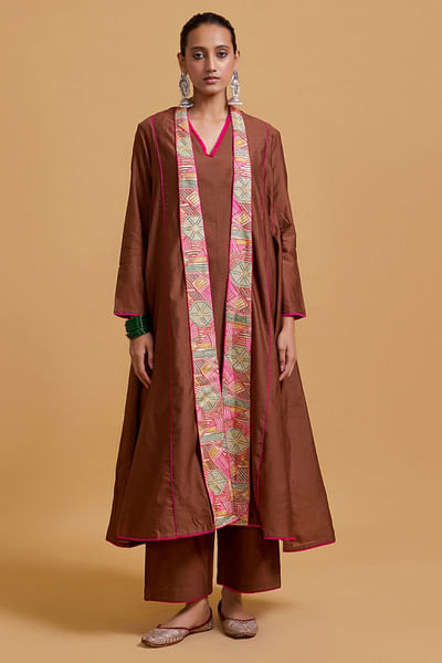 Brown geometric embroidered jacket kurta set