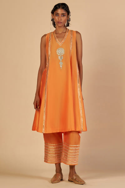 Orange and aqua embroidered chanderi pants
