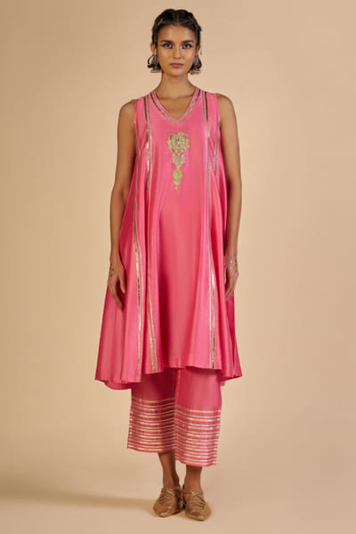 Pink and yellow embroidered chanderi pants