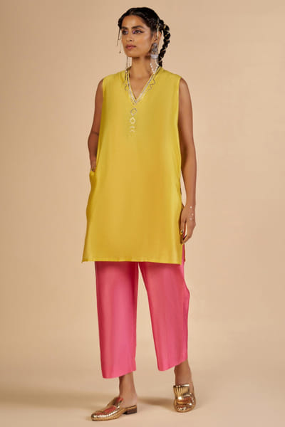 Pink and yellow embroidered chanderi dress