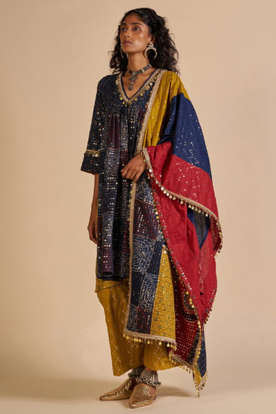 Multicolour tribal print embroidered dupatta