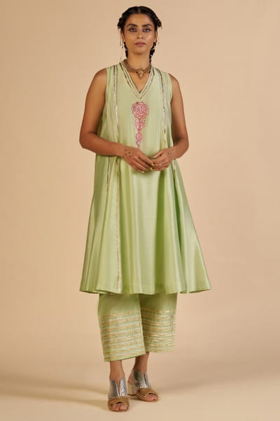 Green embroidery chanderi kurta