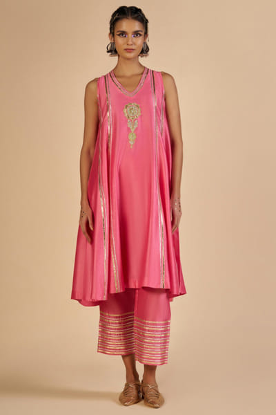 Pink and yellow embroidery chanderi kurta