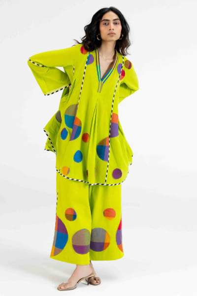 Gulabo by Abu Sandeep Lime green checks polka applique flared pants GULAJUL26D149170
