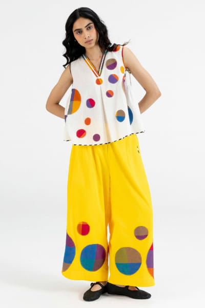 Gulabo by Abu Sandeep Yellow checks polka applique flared pants GULAJUL26D149169
